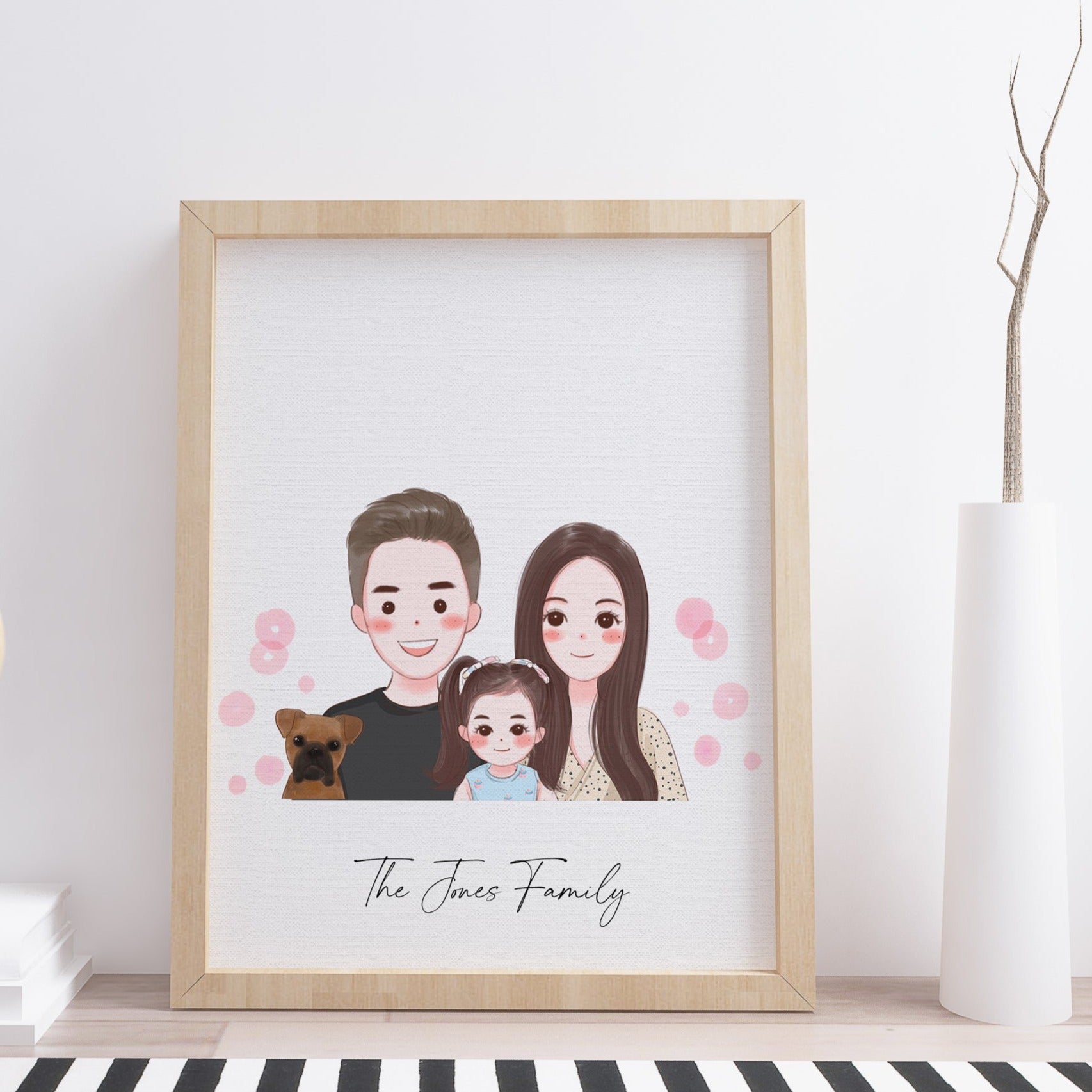 Custom Family Portrait with Pets in Dotted Background